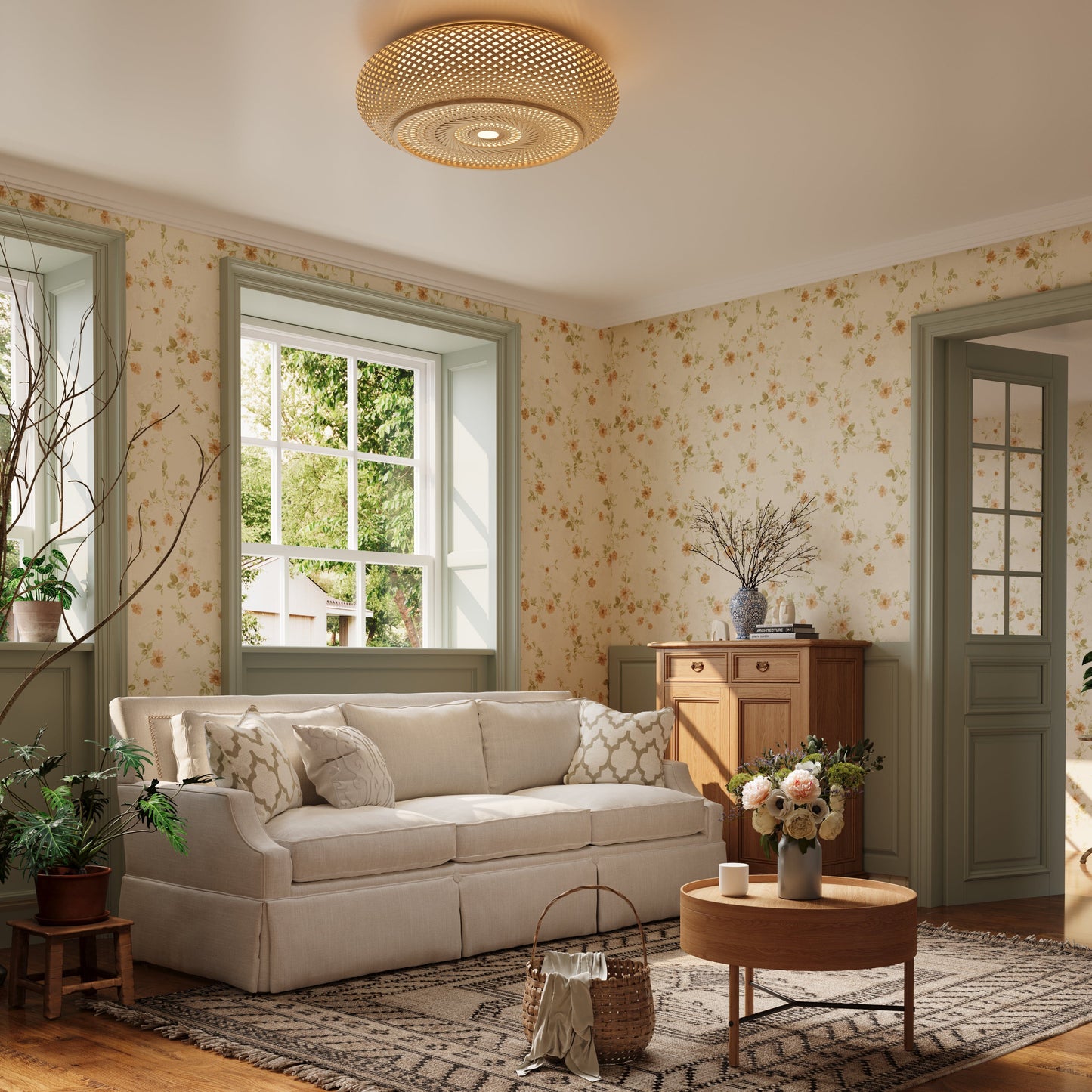 Plafonnier en rotin de bambou de style japonais – Montage encastré ou suspendu