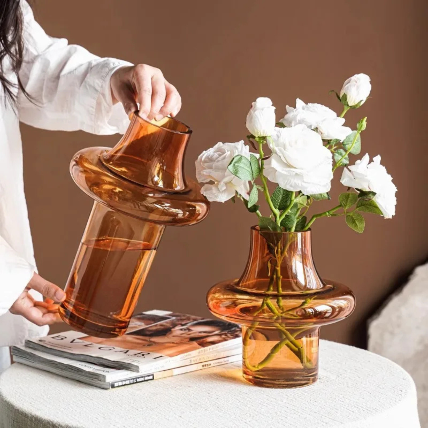 Amber Geometric Glass Vase for Home Decor, Modern Table Centerpiece, Stylish Flower Holder