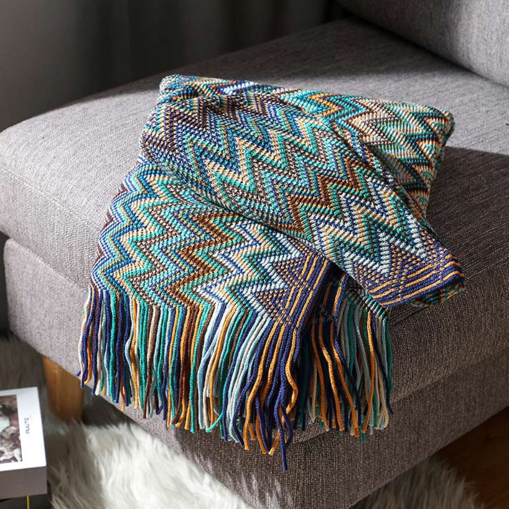 Colorful Zigzag Knit Throw Blanket with Tassels - Cozy Home Decor