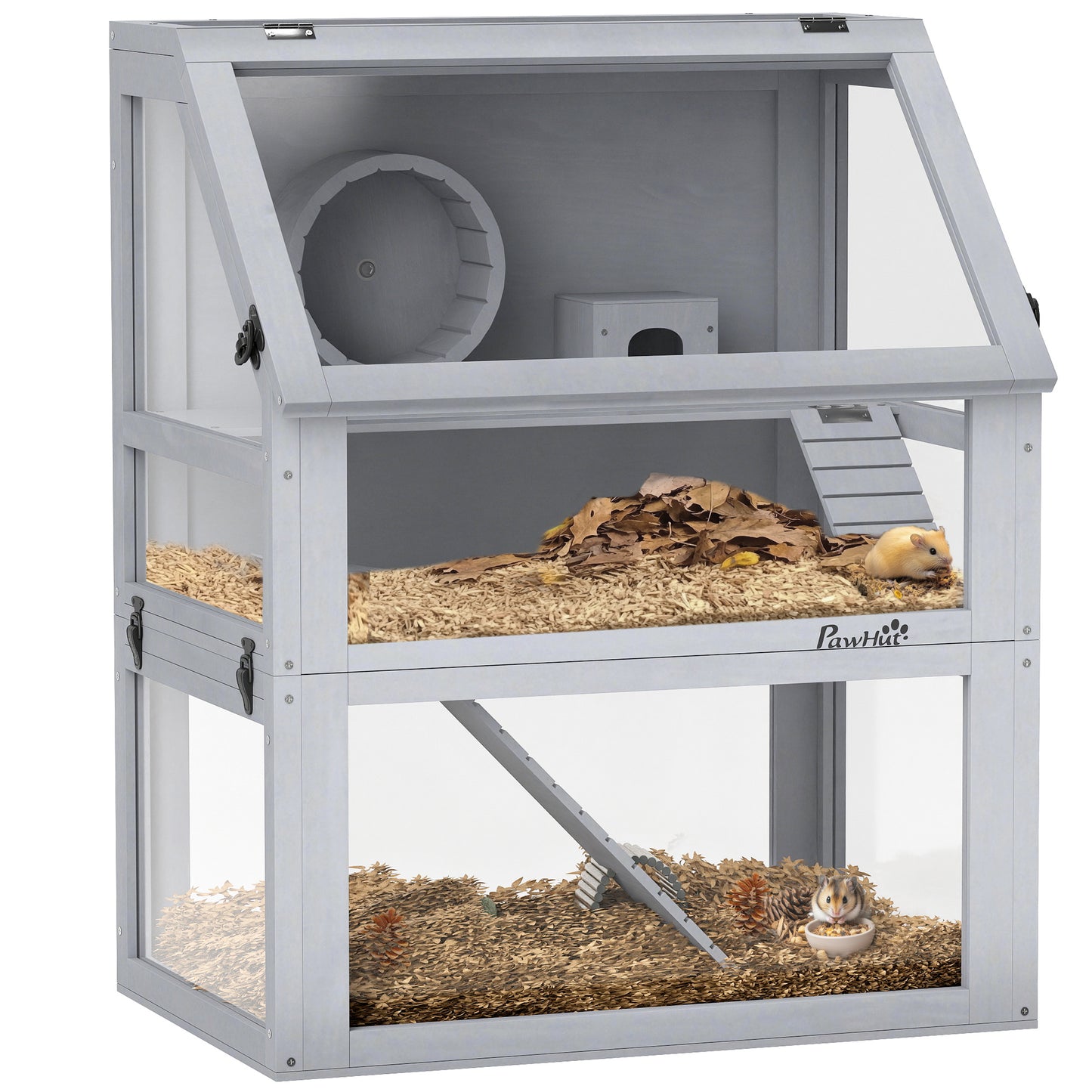 Wooden Hamster Cage with Deep Base, Hut, Exercise Wheel & Ramps - 60x40x75cm, Natural Finish for Small Pets