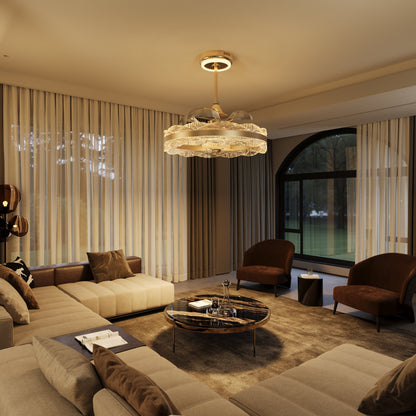 Plafonnier Luxe Gouden Frame avec lames d'encre et ventilateur LED