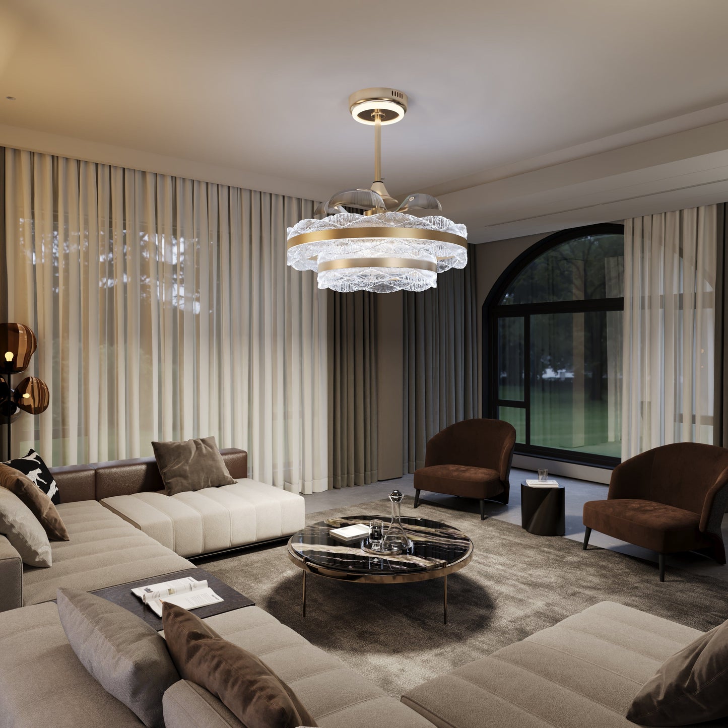 Plafonnier de luxe avec cadre doré, pales rétractables et ventilateur LED