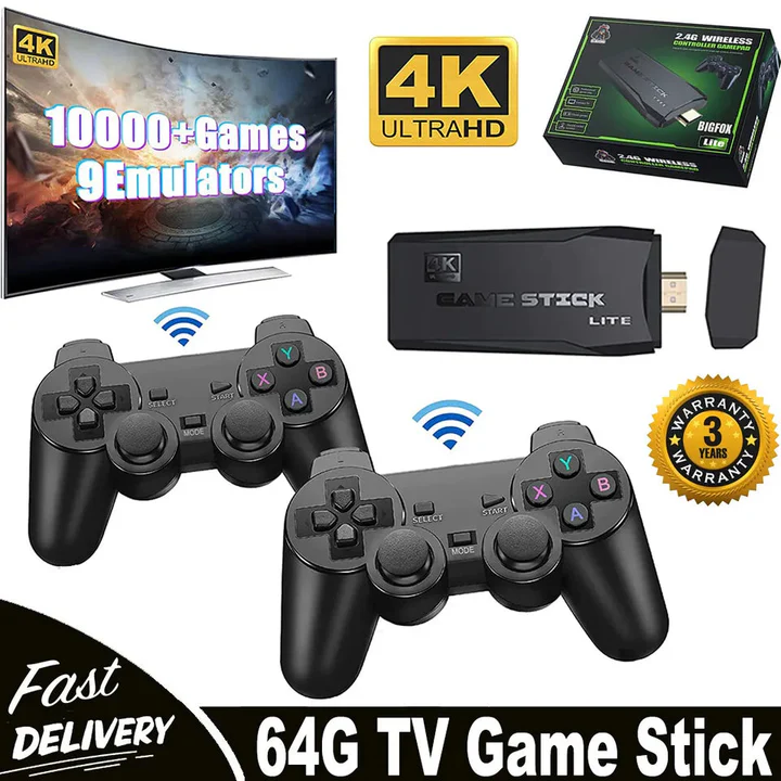 HDMI 4K TV Game Stick Konsole | 64GB mit über 20.000 Retro-Spielen & 2 kabellosen Gamepads