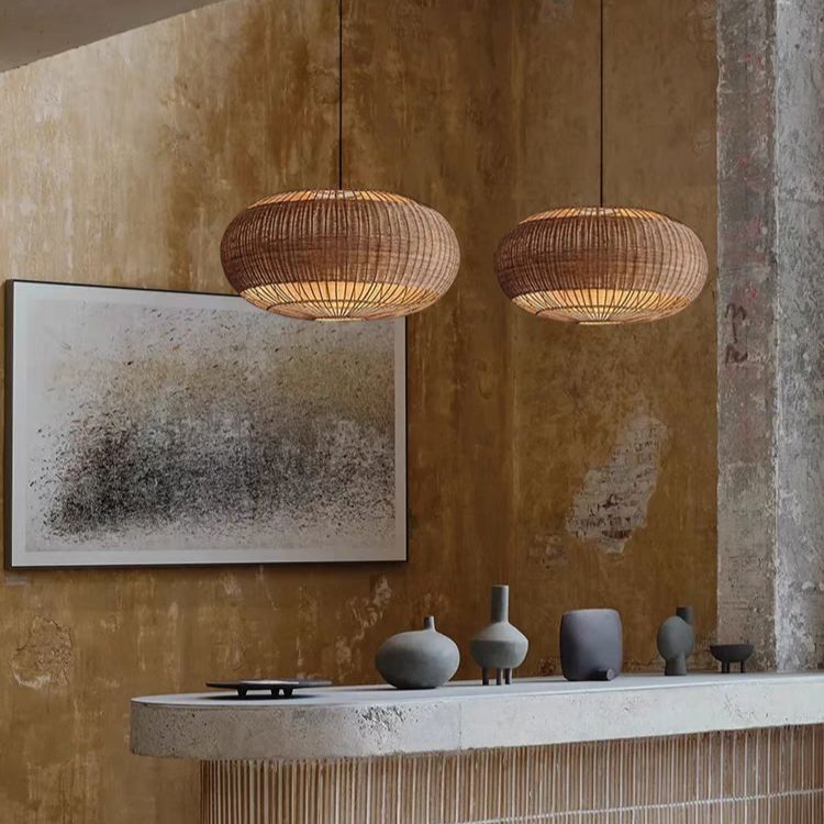 Handgemaakt Rieten Plafondlamp à Vlakke Ronde Mandvorm