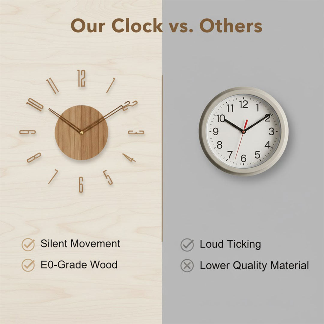 Holz-Wanduhr - Minimalistisches Design - Lautloses Uhrwerk