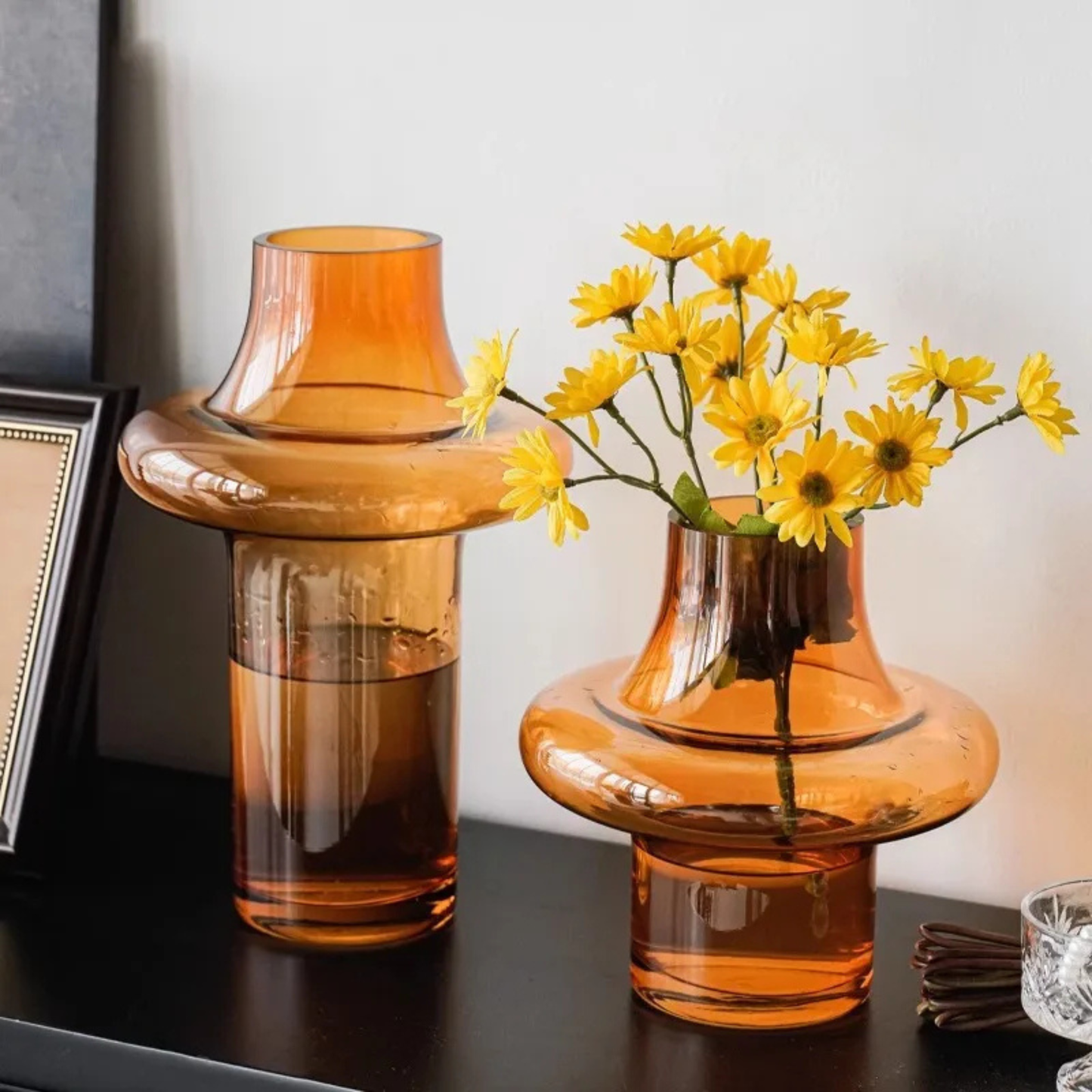 Amber Geometric Glass Vase for Home Decor, Modern Table Centerpiece, Stylish Flower Holder