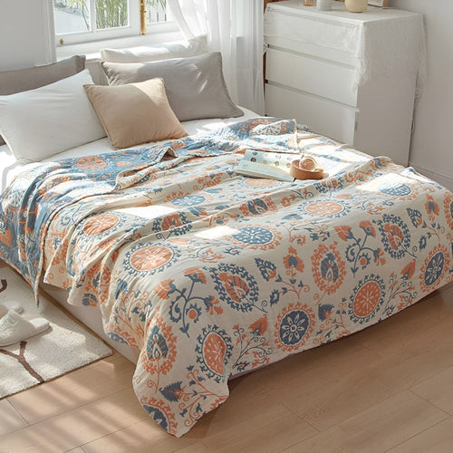 Couverture réversible en coton à motifs floraux - Jeté rustique et confortable pour la décoration intérieure