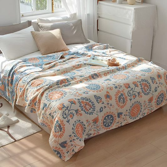 Couverture réversible en coton à motifs floraux - Jeté rustique et confortable pour la décoration intérieure