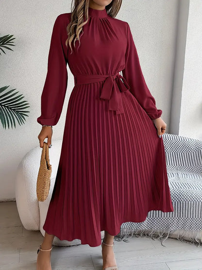 Dames Schickes Plissiertes Midi-Kleid mit Taillengürtel
