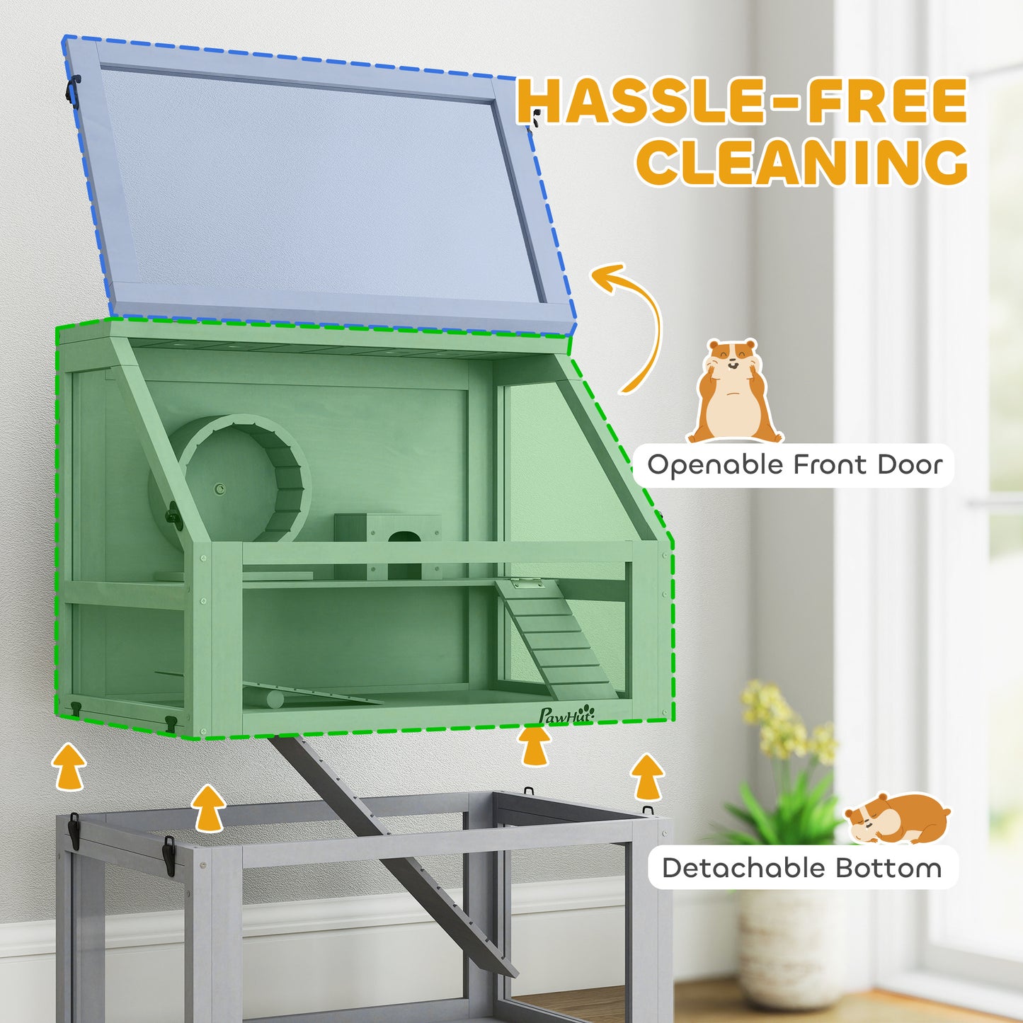 Wooden Hamster Cage with Deep Base, Hut, Exercise Wheel & Ramps - 60x40x75cm, Natural Finish for Small Pets