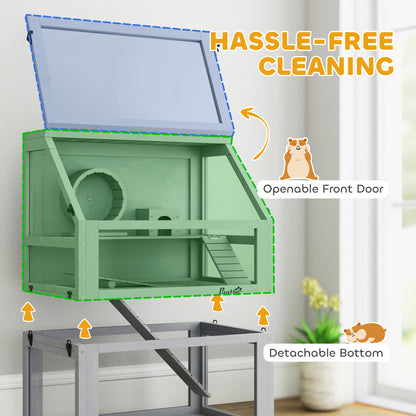 Wooden Hamster Cage with Deep Base, Hut, Exercise Wheel & Ramps - 60x40x75cm, Natural Finish for Small Pets