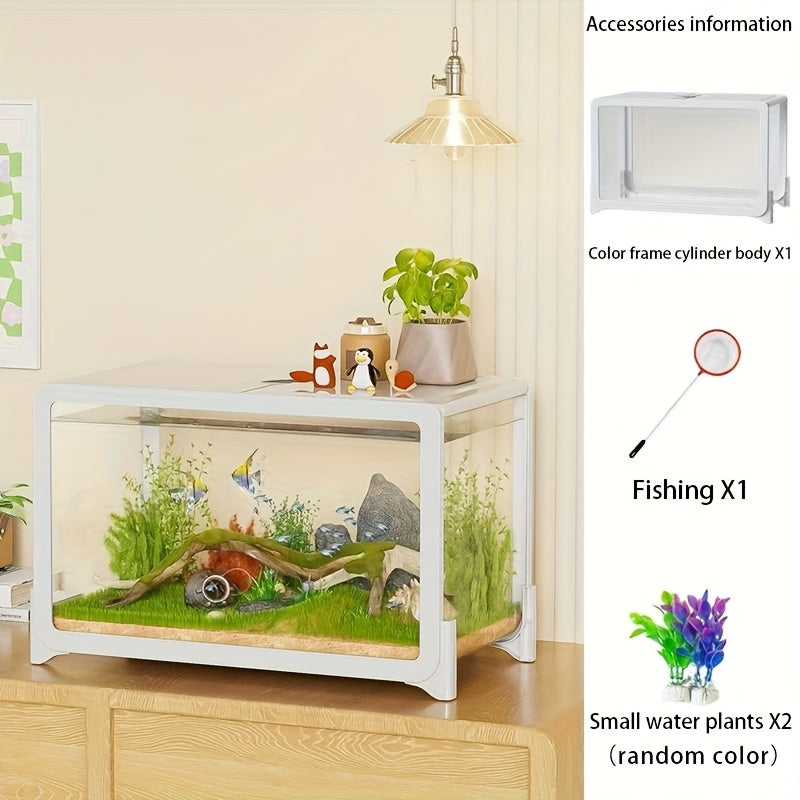 Clear Rectangular Fish Tank with Fake Plants - Acrylic Aquarium for Goldfish & Small Pets, Perfect for Home or Office Decor