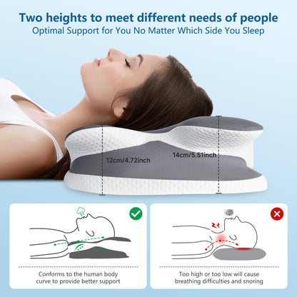 Oreiller cervical en mousse à mémoire de forme pour un soutien optimal de la nuque et des épaules, housse rafraîchissante en soie - Gris