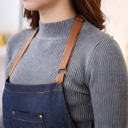 Adjustable Denim Work Apron for Cooking, Crafting, and Gardening