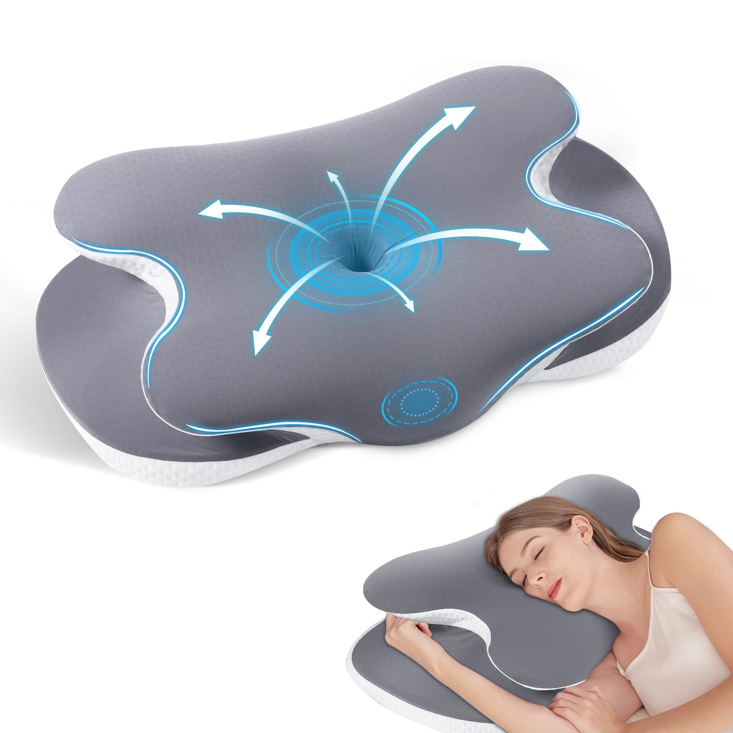 Oreiller cervical en mousse à mémoire de forme pour un soutien optimal de la nuque et des épaules, housse rafraîchissante en soie - Gris