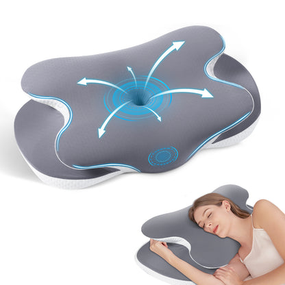 Oreiller cervical en mousse à mémoire de forme pour un soutien optimal de la nuque et des épaules, housse rafraîchissante en soie - Gris