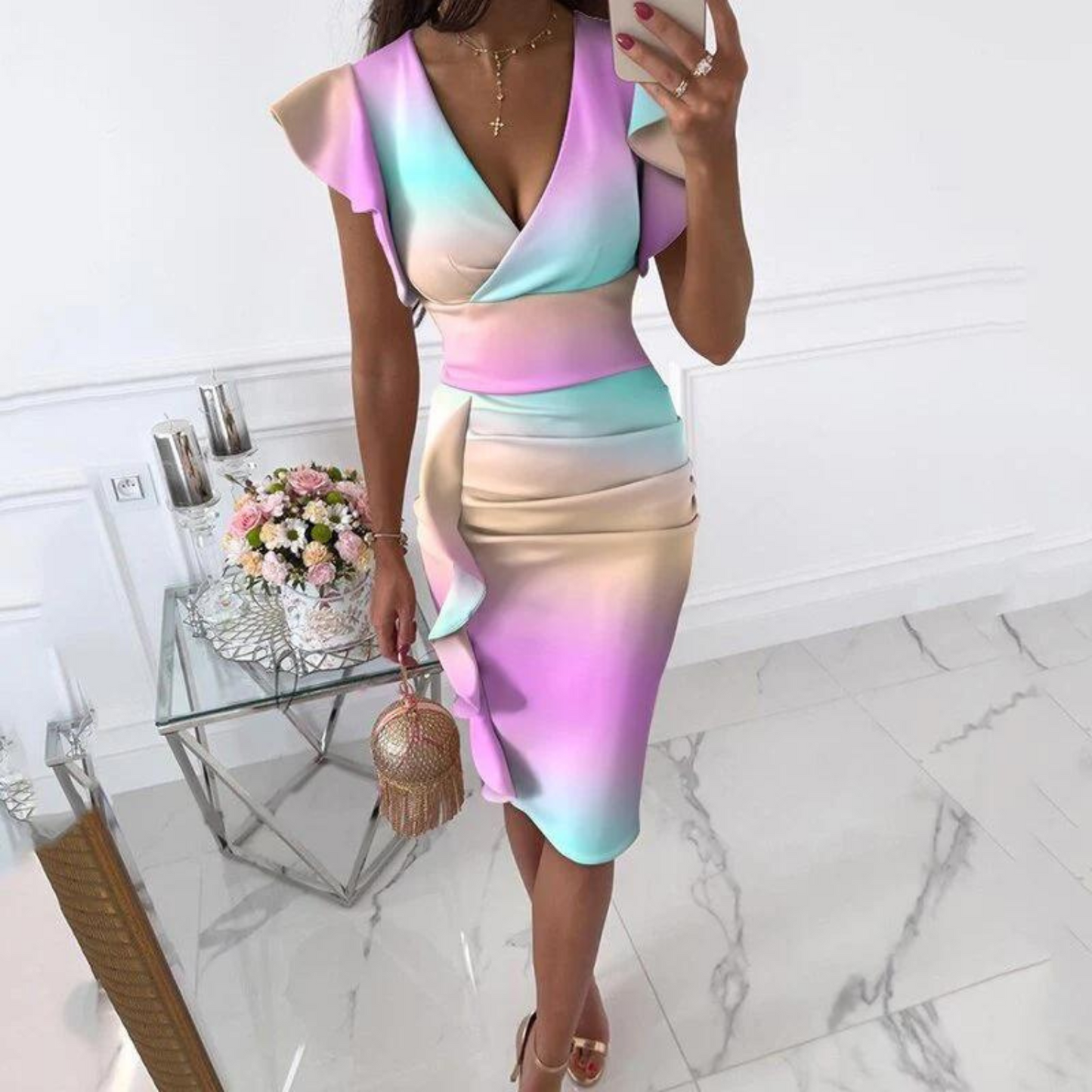 Damen Blumen V-Ausschnitt Midi Kleid mit Rüschensleeves und Drapierung