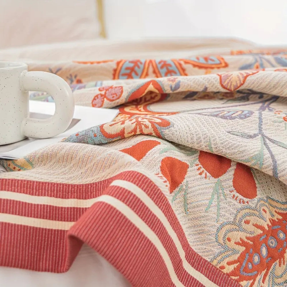 Plaid réversible en coton - Motif Fleurs de Vignoble pour un intérieur chaleureux