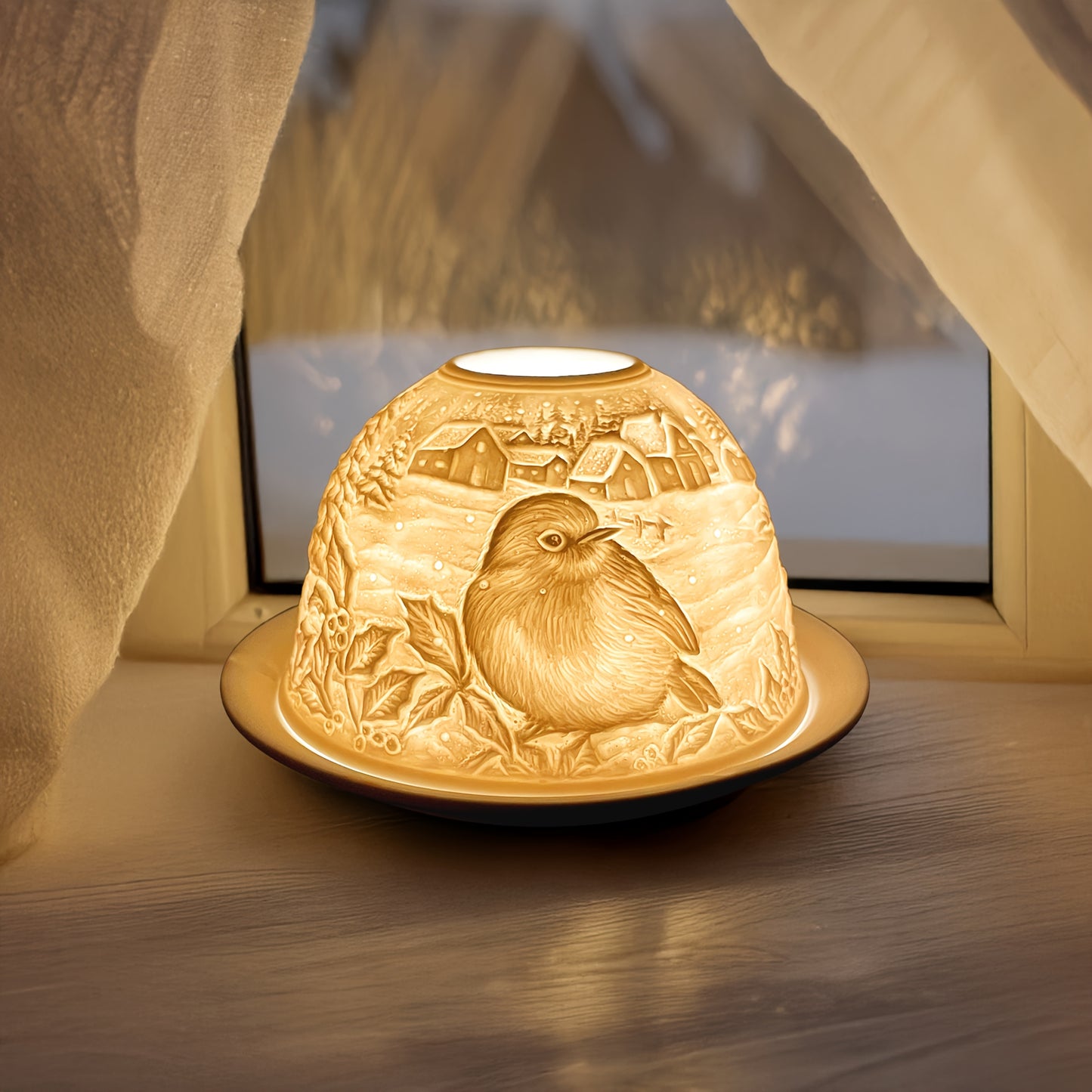 3D Ceramic Winter Robin Tealight Holder with Dome Lid & Plate - Festive Christmas Candle Centerpiece for Home Decor