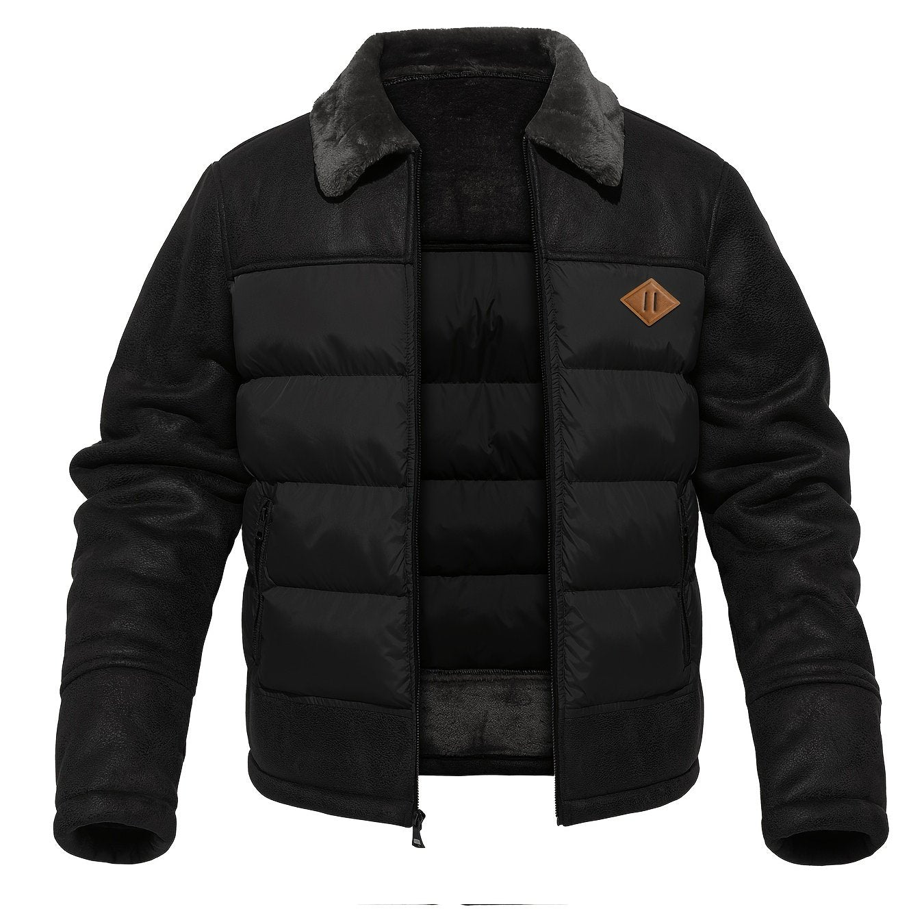 Herren Freizeit Pufferjacke mit Kunstfellkragen – Warmer einfarbiger Reißverschlussmantel