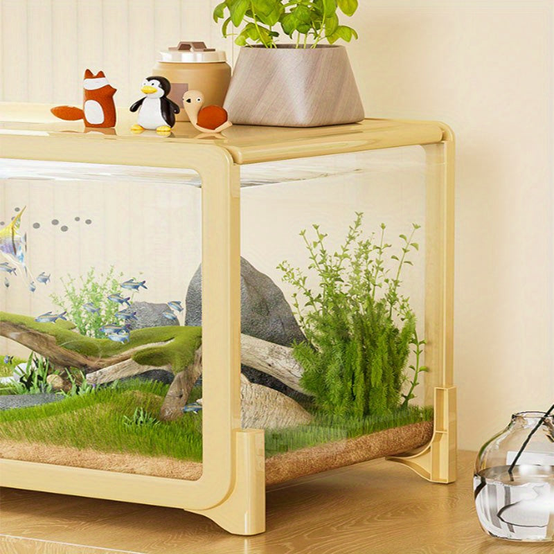 Clear Rectangular Fish Tank with Fake Plants - Acrylic Aquarium for Goldfish & Small Pets, Perfect for Home or Office Decor