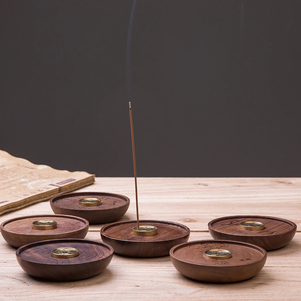 Wooden Round Copper Incense Holder for Home Decor and Aromatherapy