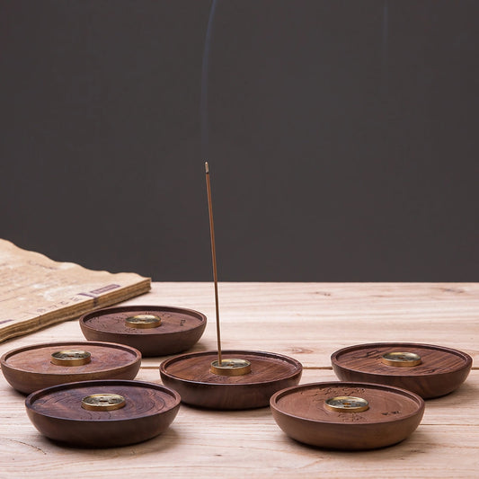 Wooden Round Copper Incense Holder for Home Decor and Aromatherapy