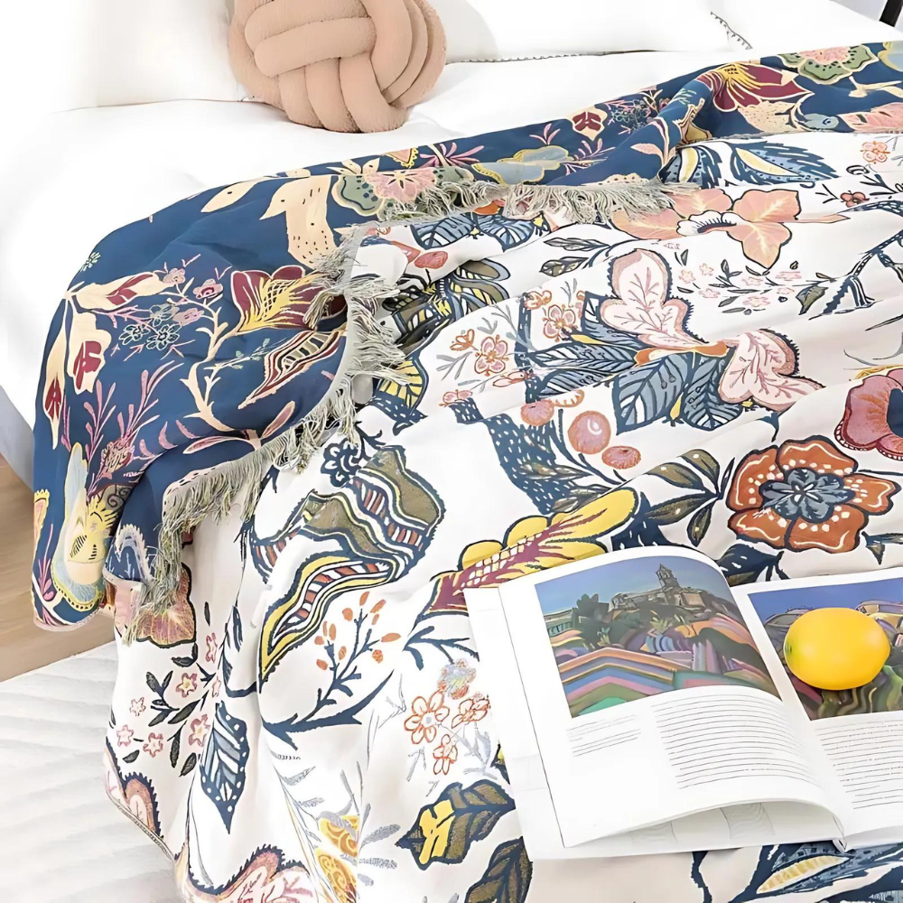 Plaid en coton à motifs floraux | Couverture décorative rustique bohème