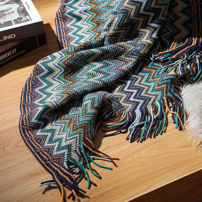 Colorful Zigzag Knit Throw Blanket with Tassels - Cozy Home Decor