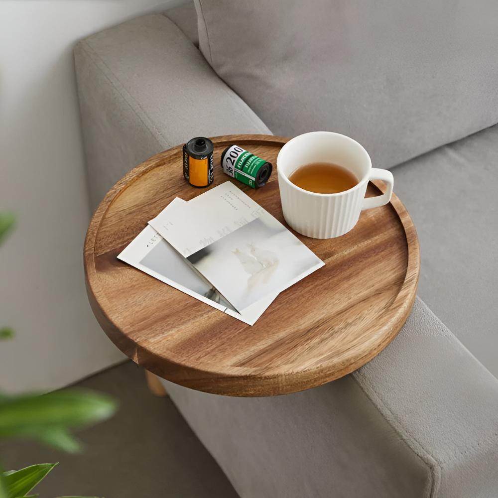 Walnut Sofa Armrest Tray Table for Drinks and Snacks