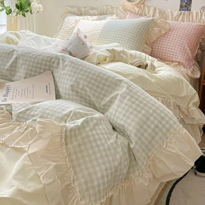 Ensemble de literie à carreaux vichy à volants - Ensemble de lit style ferme confortable