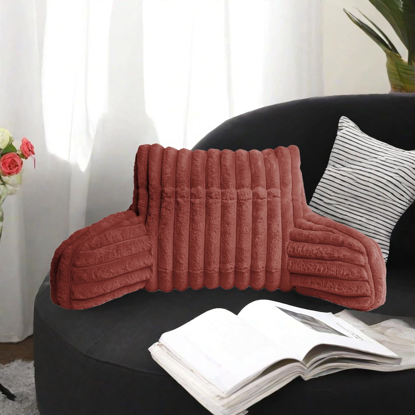 Cuddle Cushion - Faux Fur Ribbed Reading Chair Pillow with Arms for Sofa, Gaming & Relaxing Comfort