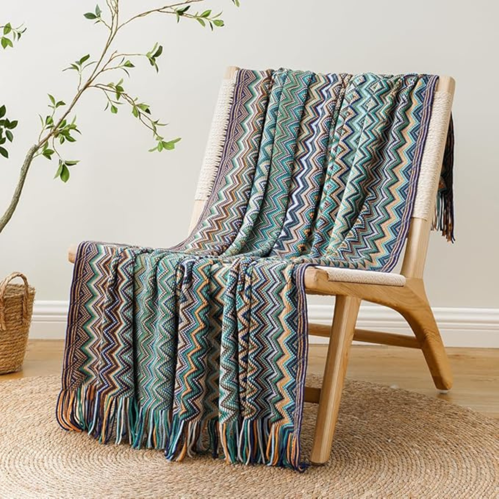 Colorful Zigzag Knit Throw Blanket with Tassels - Cozy Home Decor