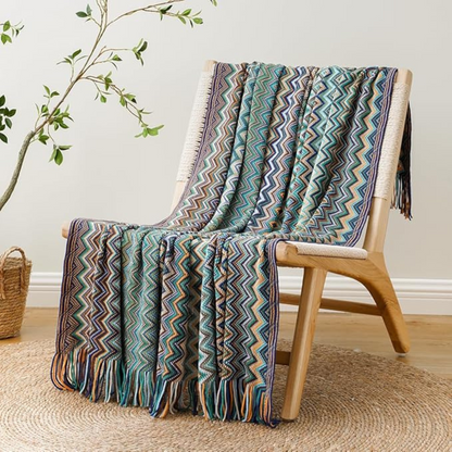 Colorful Zigzag Knit Throw Blanket with Tassels - Cozy Home Decor