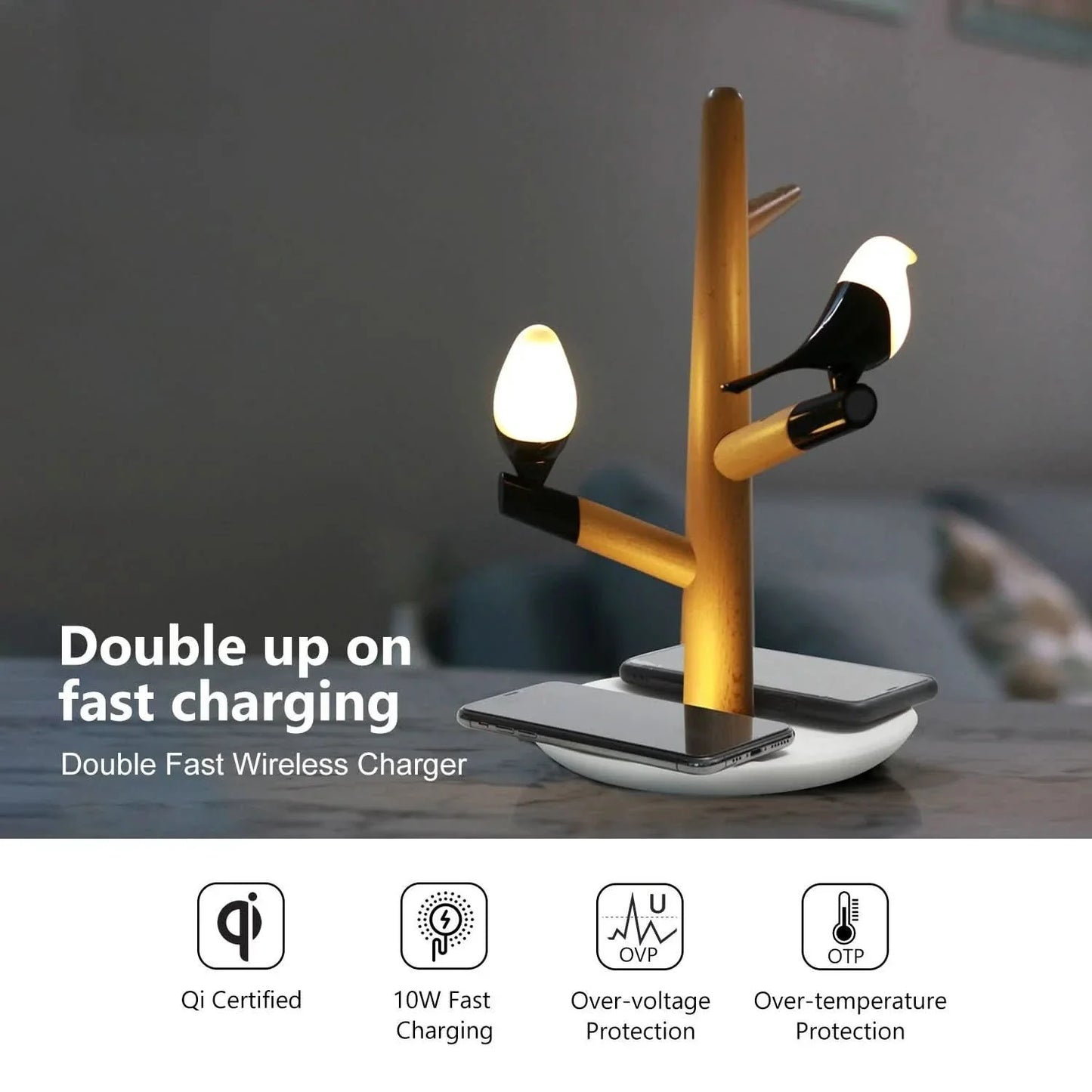 Lampe de bureau LED avec double chargeur sans fil pour téléphone et port USB