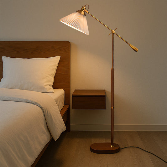 Adjustable Brass Floor Lamp with Wood Base & Pleated Shade for Living Room