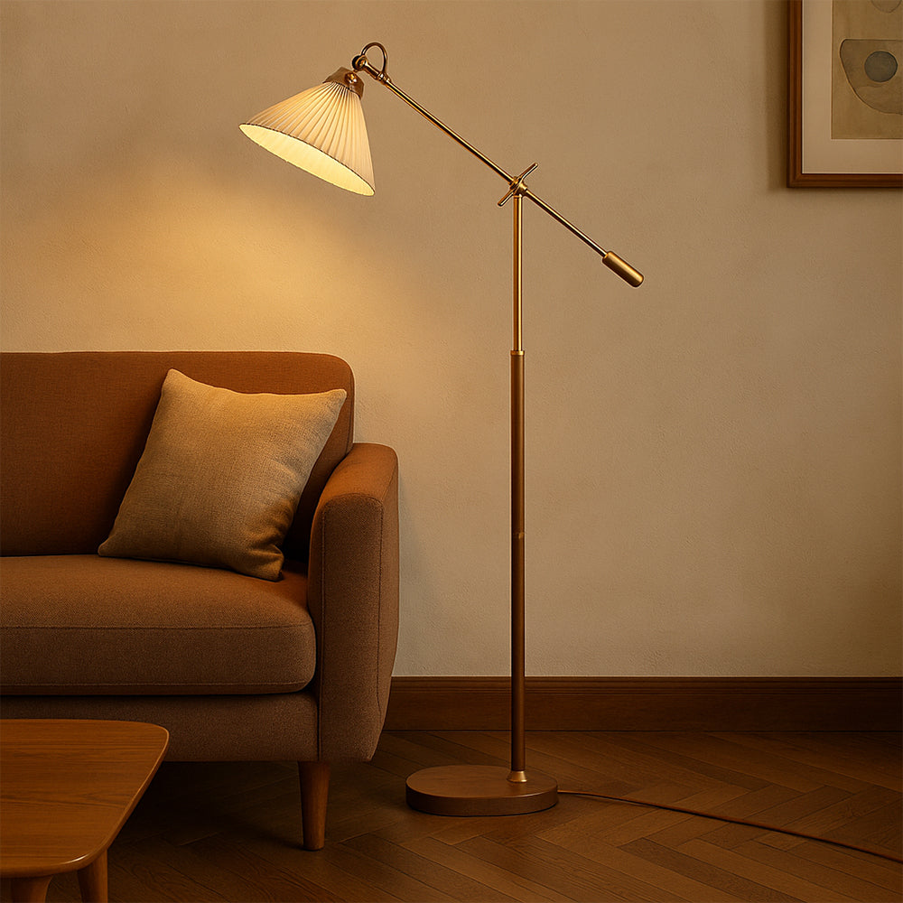 Adjustable Brass Floor Lamp with Wood Base & Pleated Shade for Living Room
