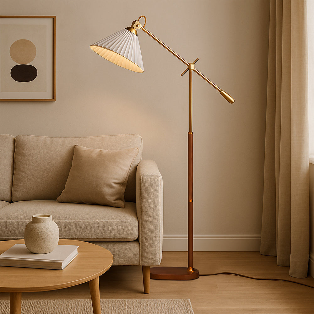 Adjustable Brass Floor Lamp with Wood Base & Pleated Shade for Living Room