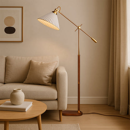 Adjustable Brass Floor Lamp with Wood Base & Pleated Shade for Living Room