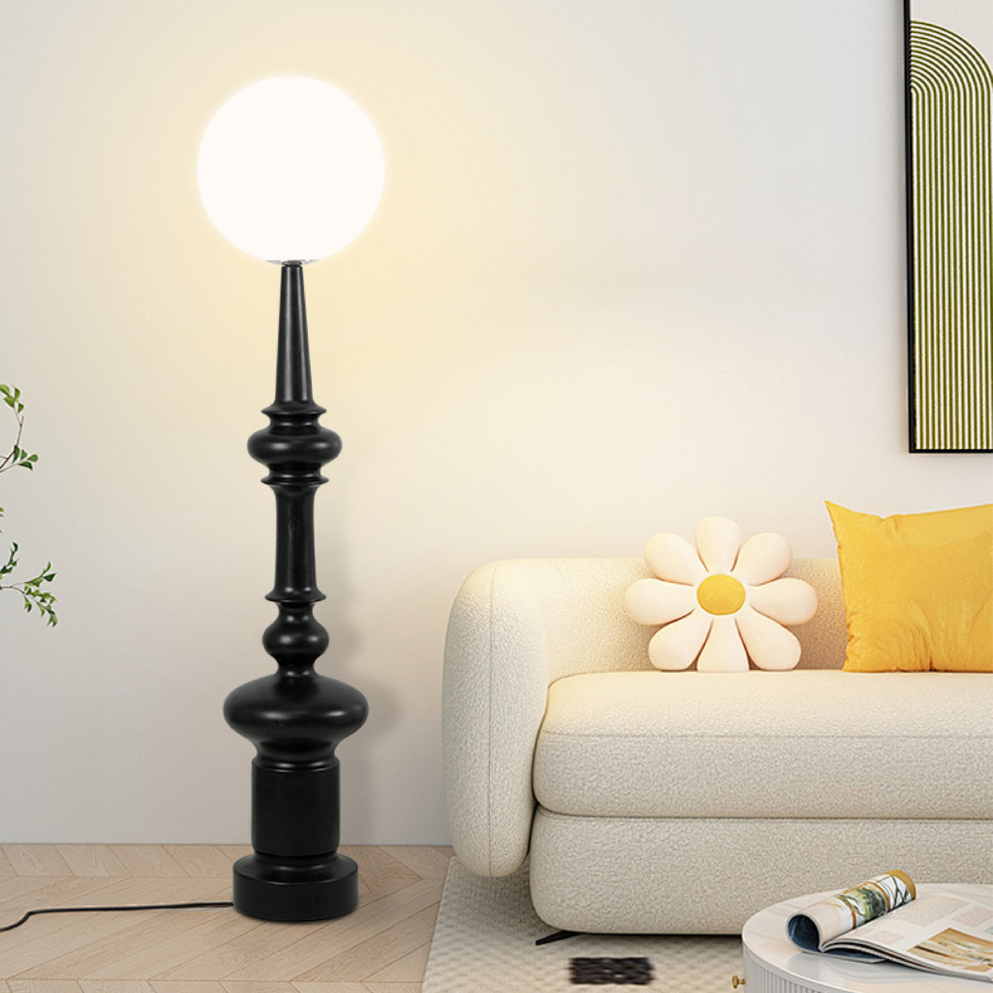 Stylish Modern Floor Lamp with Black Metal Base & Globe Shade