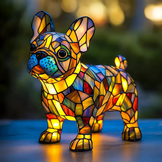 Lampe de table en vitrail représentant un bouledogue français | Lampe chien style Tiffany