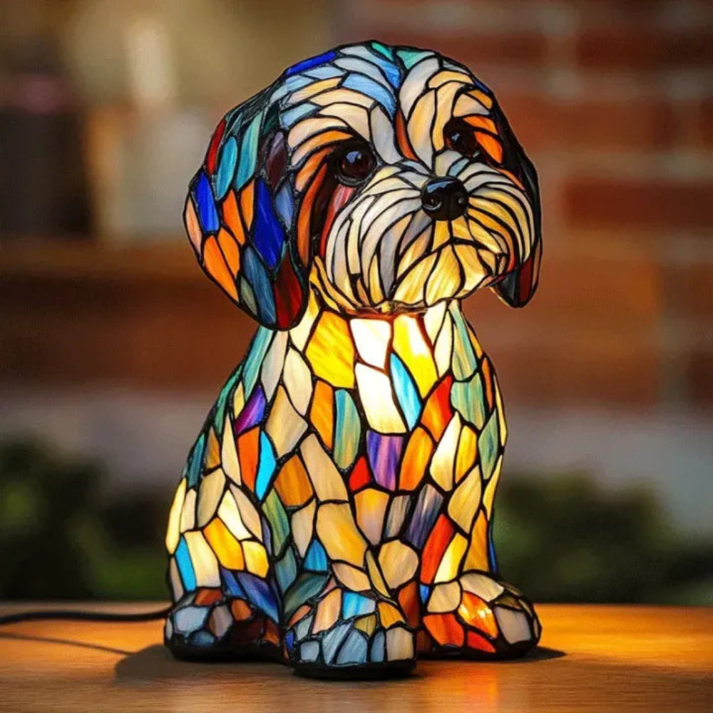 Lampe de table en vitrail représentant un bouledogue français | Lampe chien style Tiffany