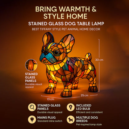 Lampe de table en vitrail représentant un bouledogue français | Lampe chien style Tiffany