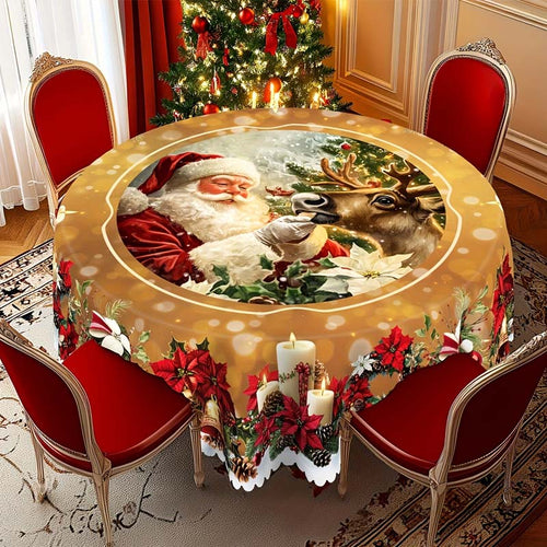 Christmas Tablecloth with Santa and Snowman – Festive Round Table Cover