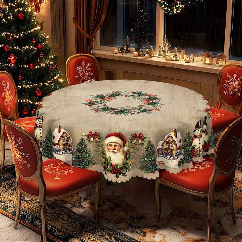 Christmas Tablecloth with Santa and Snowman – Festive Round Table Cover