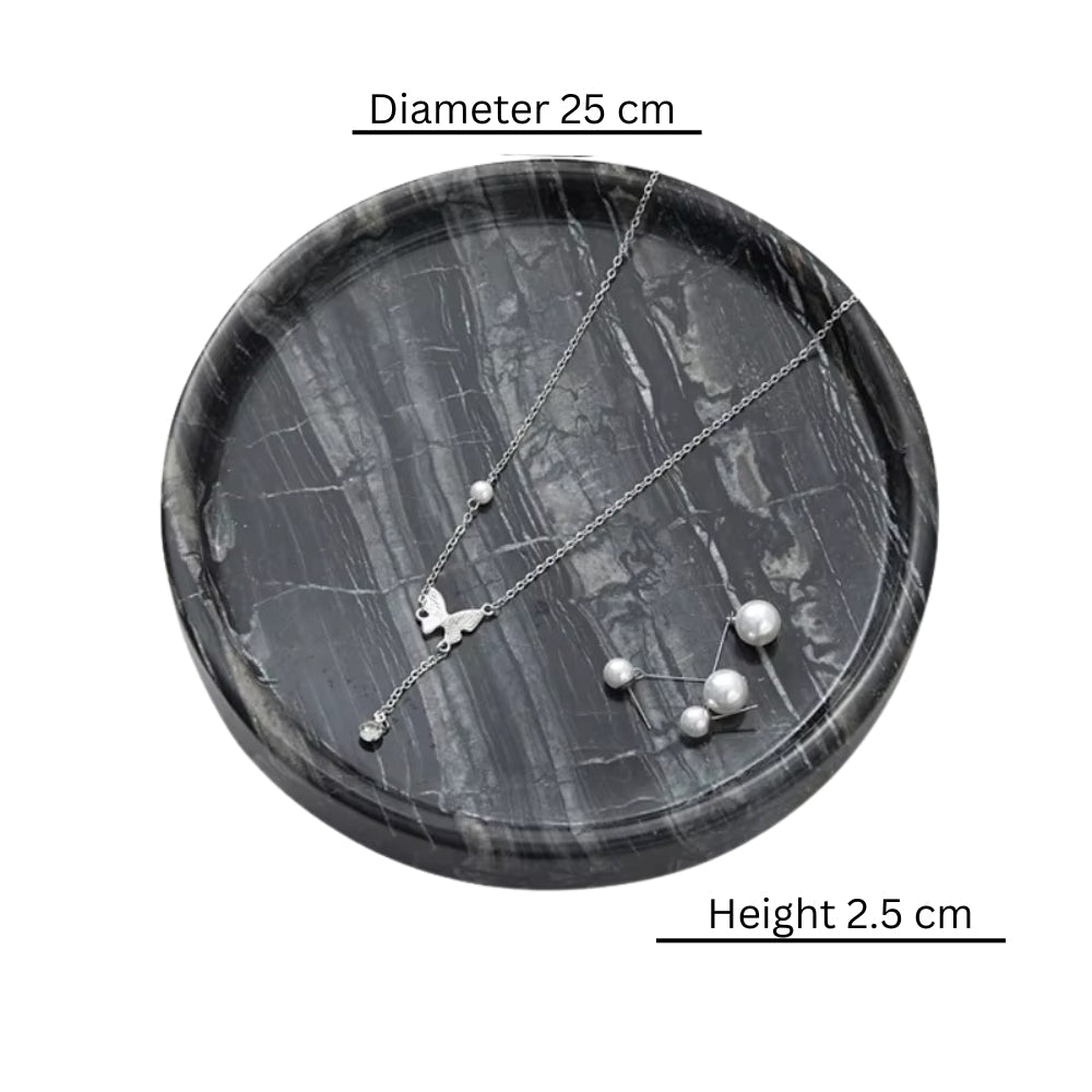 Plateau de rangement rond en marbre noir pour bagues et boucles d'oreilles