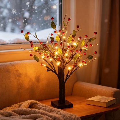 30 cm LED Tafelkkerstboom met Bessen - Accu Aangedreven Kerstdecoratie