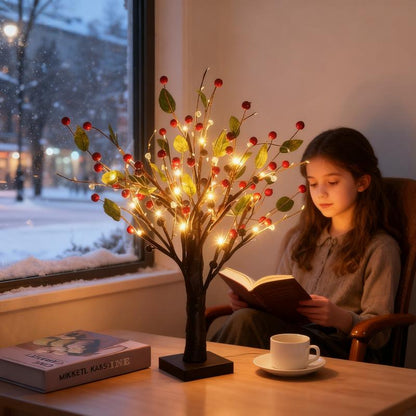 30 cm LED Tafelkkerstboom met Bessen - Accu Aangedreven Kerstdecoratie