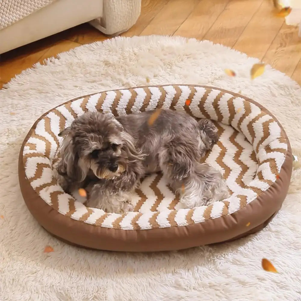Washable Dog Bed with Geometric Wave Pattern - Warm Faux Leather
