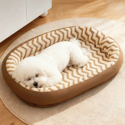 Washable Dog Bed with Geometric Wave Pattern - Warm Faux Leather